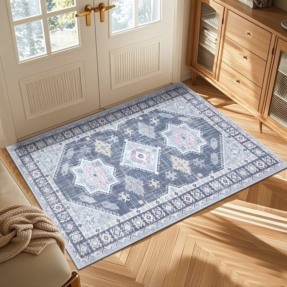 MeyJey Oriental Indoor Area Rug 3'x5' Non-Slip Machine Washable Vintage Distressed Floor Carpet for Living Room Bedroom Dining Kitchen Hallway, Gray/Blue/Navy