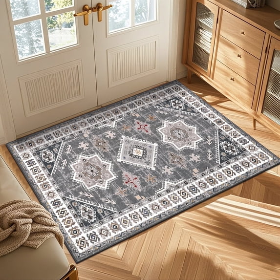 MeyJey Oriental Indoor Area Rug 3'x5' Non-Slip Machine Washable Vintage Distressed Floor Carpet for Living Room Bedroom Dining Kitchen Hallway, Gray/Brown