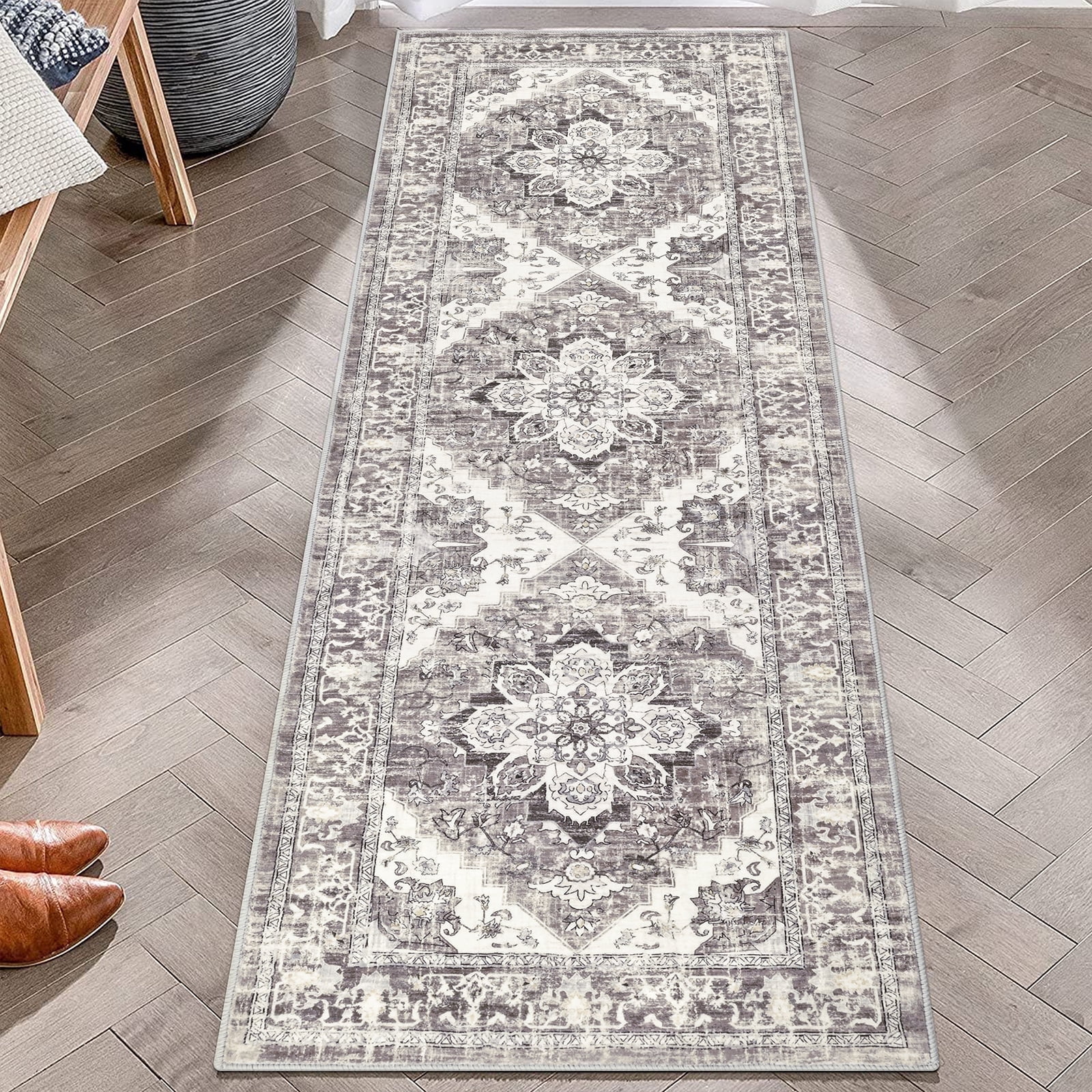 MeyJey Boho Runner Rug for Hallways 2'x6' Beige/Purple, Non-Slip Machine Washable Oriental Rugs Vintage Indoor Floor Carpet for Bedroom