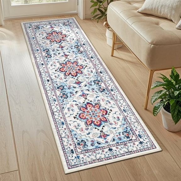 MeyJey 2'x6' Persian Vintage Runner Rug for Hallways, Non-Slip Machine Washable Area Rug Indoor Carpet Distressed Oriental Floor Rug for Bedroom/Dining/Living/Laundry Room, Blue/Beige/Red