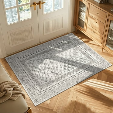 MeyJey 2'x3' Boho Floral Small Area Rug, Machine Washable Vintage Throw Rug, Non-Slip Stain Resistant Oriental Traditional Carpet for Living Room Bedroom Dining Room Office, Beige/Gray