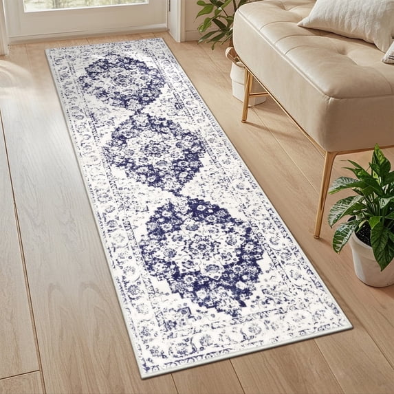 MeyJey 2'x6' Persian Vintage Runner Rug for Hallways, Non-Slip Machine Washable Area Rug Indoor Carpet Distressed Oriental Floor Rug for Bedroom/Dining/Living/Laundry Room, Navy