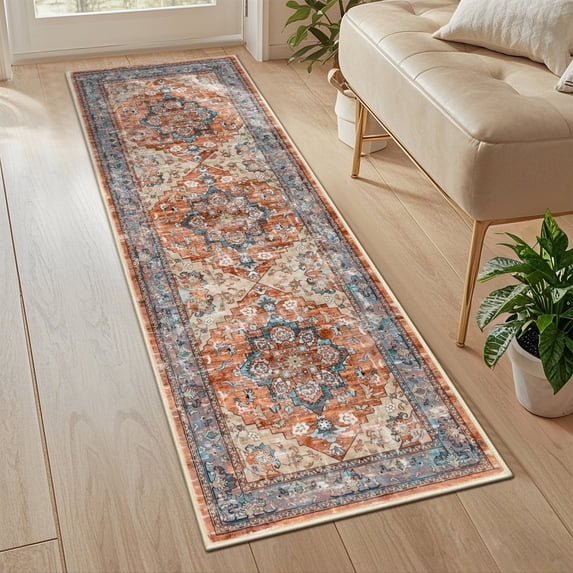 MeyJey 2'x6' Persian Vintage Runner Rug for Hallways, Non-Slip Machine Washable Area Rug Indoor Carpet Distressed Oriental Floor Rug for Bedroom/Dining/Living/Laundry Room, Red
