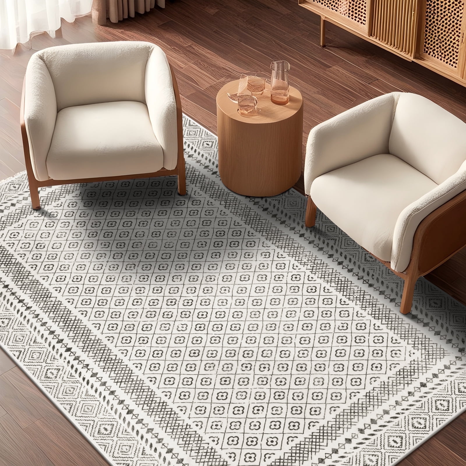 MeyJey 4'x6' Boho Floral Area Rug, Machine Washable Vintage Throw Rug, Non-Slip Stain Resistant Oriental Traditional Carpet for Living Room Bedroom Dining Room Office, Beige/Gray