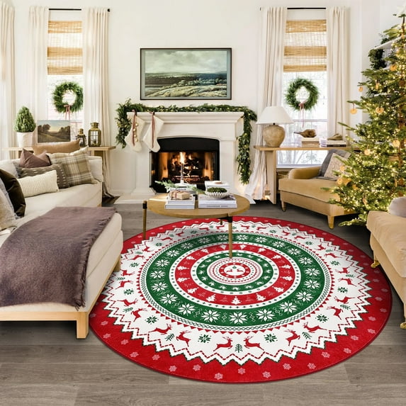 MeyJey Christmas Area Rug 6' Round, Non-Slip Machine Washable Rugs Foldable Holiday Decoration Floor Carpet for Bedroom Living Room Dinning Room, Red