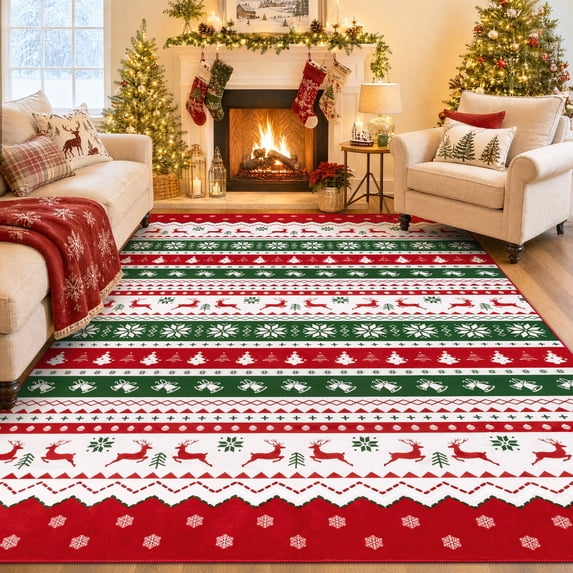 MeyJey 6'x9' Christmas Area Rug for Living Room, Non-Slip Machine Washable Rugs Foldable Holiday Decoration Floor Carpet for Bedroom Dinning Room, Green/Red/White