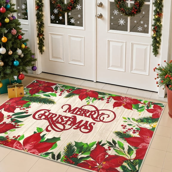 MeyJey Christmas Door Mat, 32"x48" Flowers Doormat, Non Slip Front Door Mats for Entryway Indoor Outdoor, Washable Low Profile Floor Carpet for Xmas Holiday Decor