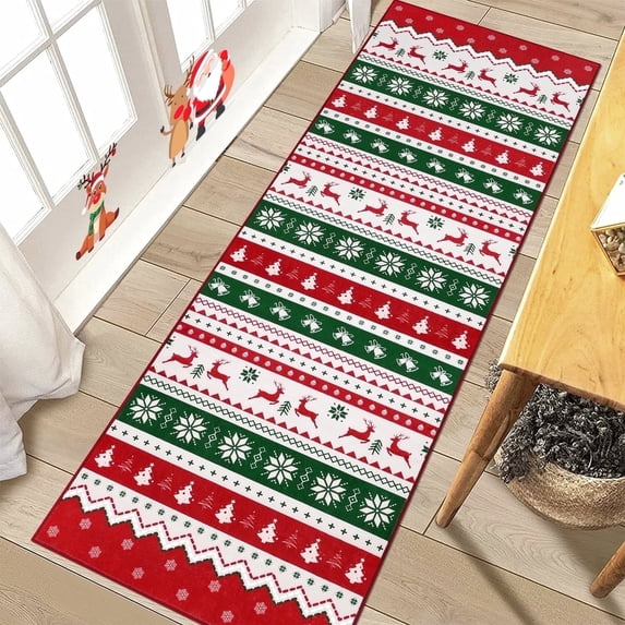 MeyJey Christmas Indoor Hallway Runner Rug 2'x6', Non-Slip Machine Washable Rugs Foldable Holiday Decoration Floor Carpet for Bedroom Dinning Room Kitchen Living Room, Green/Red/White