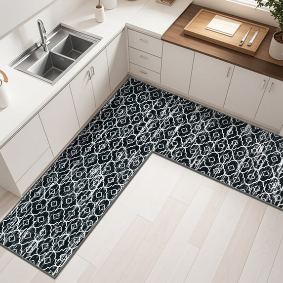 MeyJey Corner Kitchen Rug, 1 Piece Anti-Slip L Shape Kitchen Mat for Floor, Absorbent Runner in Front of Sink, Washable Floor Rugs for Home,Kitchen(Black-L,24”x 71”x 71”)