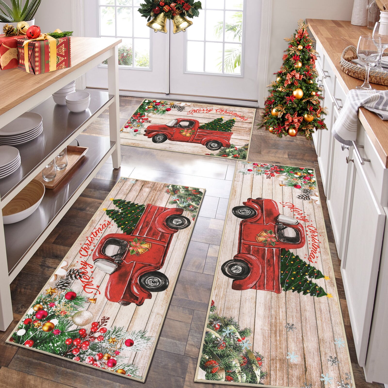 MeyJey Christmas Rug Set, Non Slip Low Profile Indoor Christmas Mat Set ...