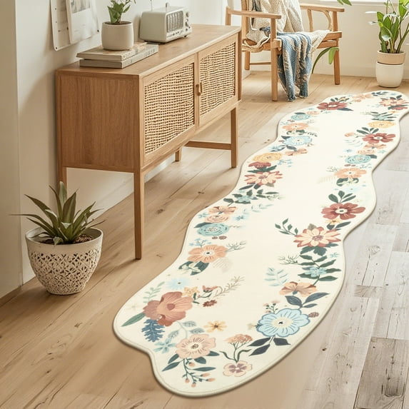MeyJey Floral Hallway Runner, 2’x8’ Washable Runner Rug Non-Slip, Ultra-Thin Soft Stain Resistant Low-Pile Carpet for Kitchen Laundry Bathroom Bedroom, Beige