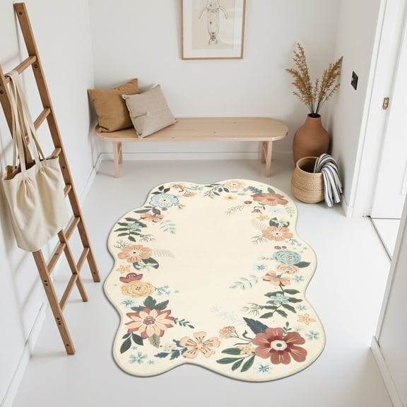 MeyJey Floral Machine Washable Area Rug, 3'x5' Rug Non Slip Soft Bedroom Rugs for Entryway Dorm, Ultra-Thin Rugs Stain Resistan Throw Carpet for Living Room Kitchen Laundry Bathroom Bedroom