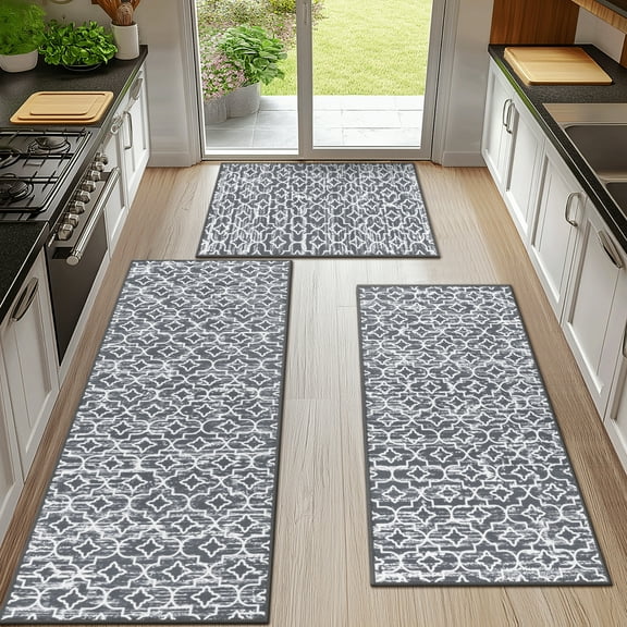 MeyJey Dark Gray Kitchen Rug Set 3 Piece, Non Slip Machine Washable Mats for Home Floor and Living Room