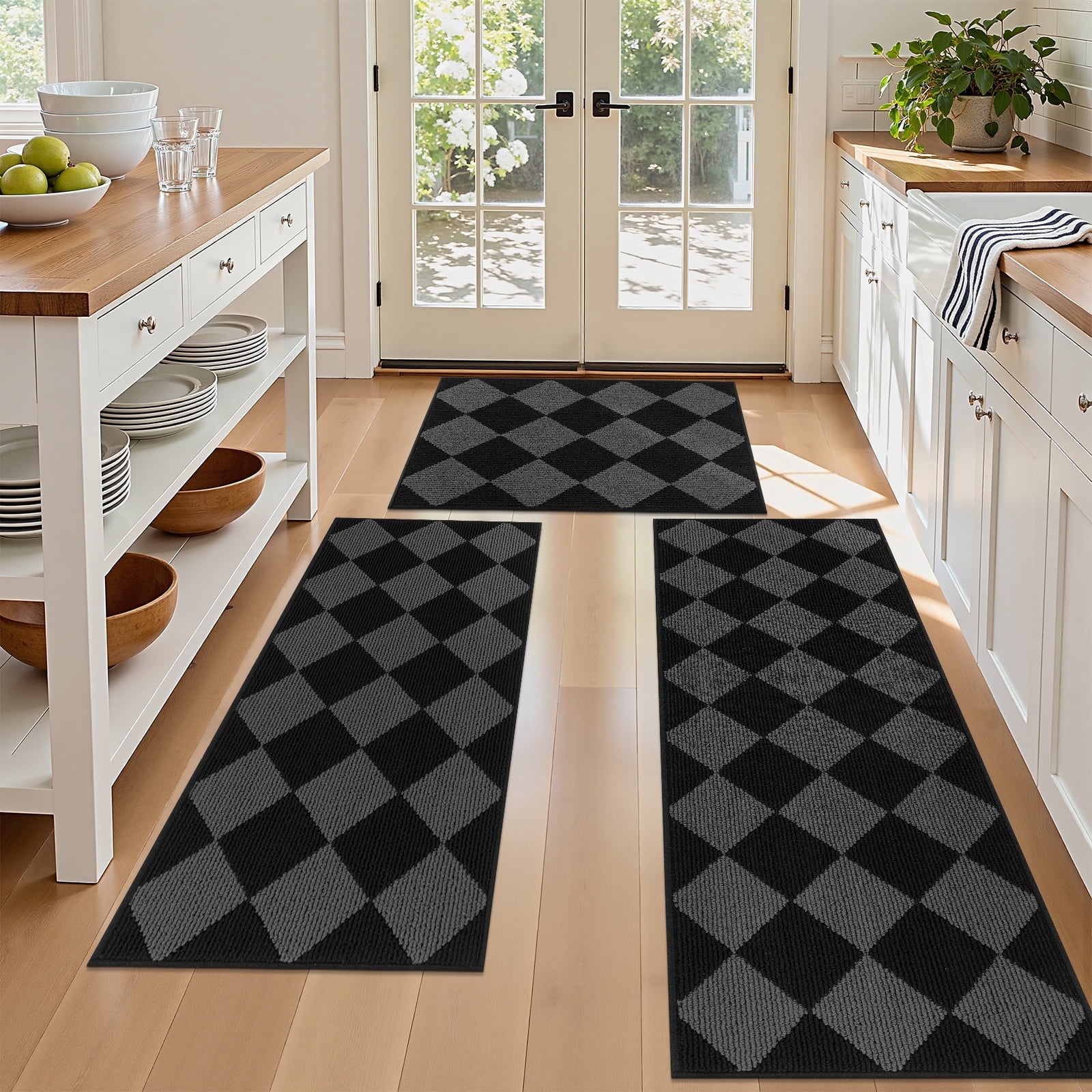 MeyJey Diamond Plaid Kitchen Rugs Sets of 3, Non Slip Kitchen Floor Mats Washable Kitchen Rug, Black Gray