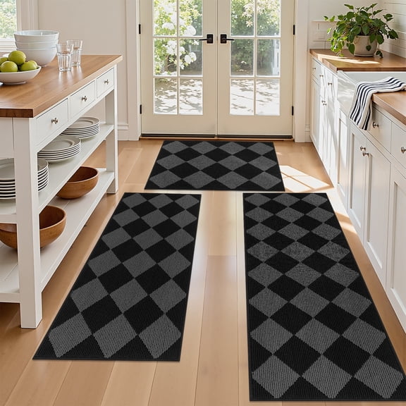 MeyJey Diamond Plaid Kitchen Rugs Sets of 3, Non Slip Kitchen Floor Mats Washable Kitchen Rug, Black Gray