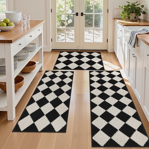 MeyJey Diamond Plaid Kitchen Rugs Sets of 3, Non Slip Kitchen Floor Mats Washable Kitchen Rug, Black White