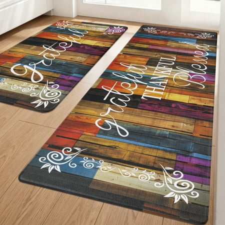 MeyJey Farmhouse Kitchen Rug Set of 2, Non Slip Anti Fatigue Waterproof Cushioned Mat for Kitchen, Dining, Laundry Room, 18"x30"+18"x48" Brown/Red/Pink