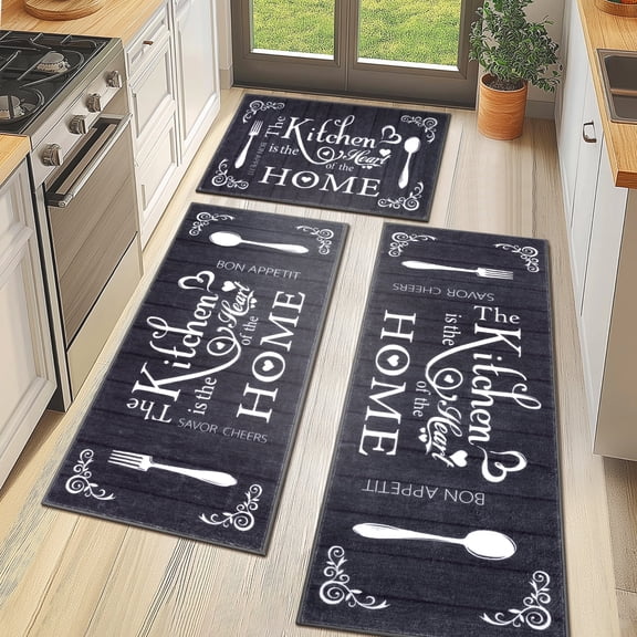 MeyJey Farmhouse Kitchen Rug Set, 3 Piece Non-Slip Kitchen Mat Machine Washable Runner Rug for Home Floor and Living Room, Black/White