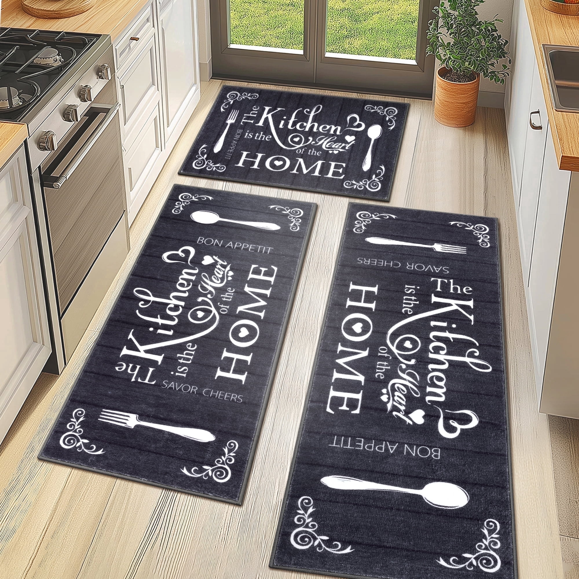 Farmouse Kitchen Rugs MeyJey Farmhouse Kitchen Rug Set, 3 Piece Non-Slip Kitchen Mat Machine ...