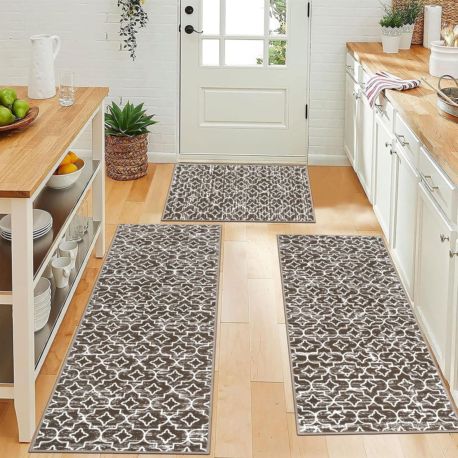 MeyJey 3 Piece Brown Kitchen Rug Set, Non Slip, Machine Washable for