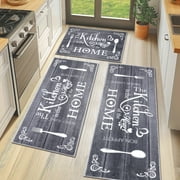 MeyJey Farmhouse Kitchen Rug Set, 3 Piece Non-Slip Kitchen Mat Machine Washable Runner Rug for Home Floor and Living Room, Dark Gray