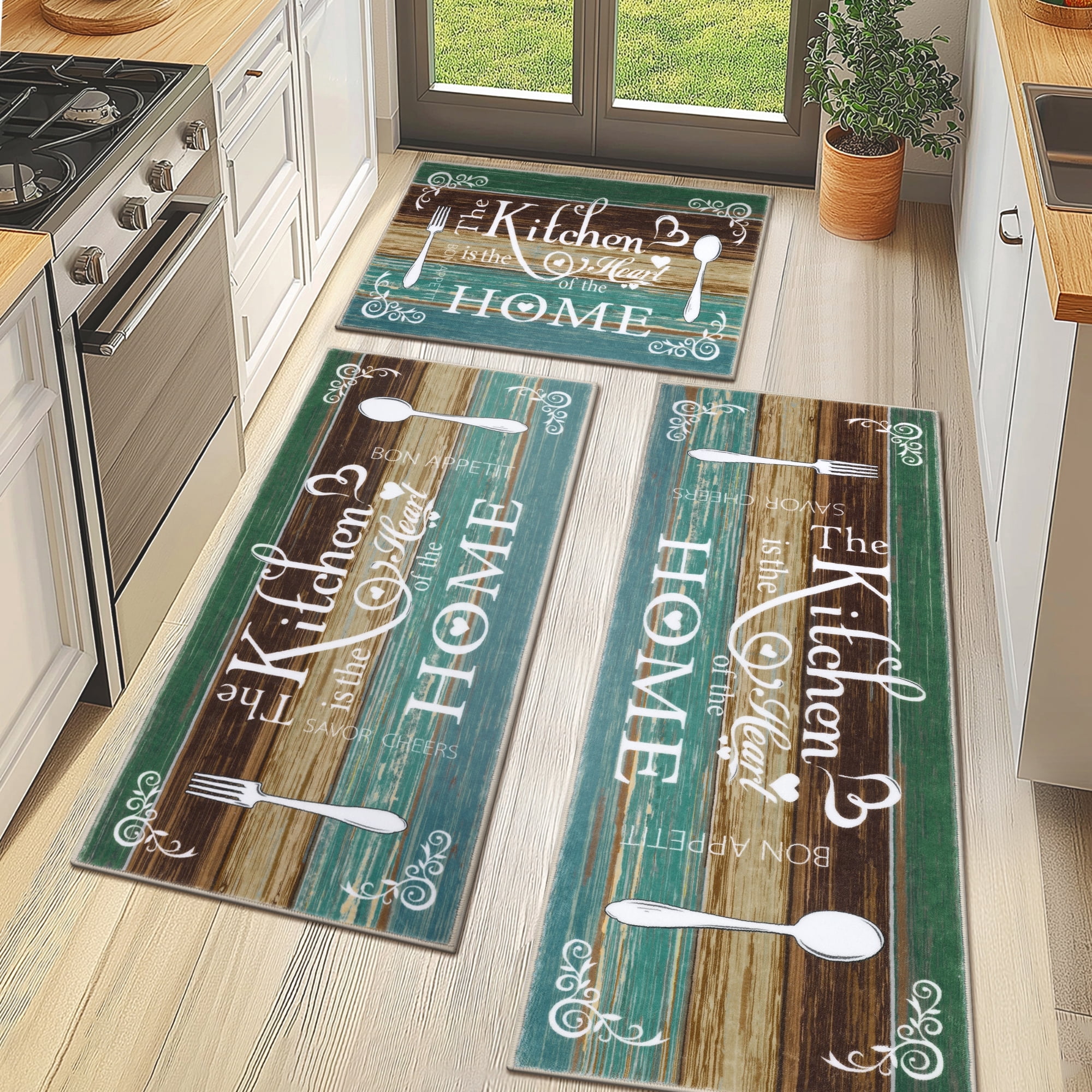 MeyJey Farmhouse Kitchen Rug Set 3 Piece Machine Washable Distressed ...