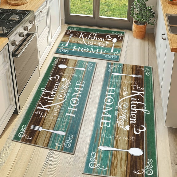 MeyJey Farmhouse Kitchen Rug Set, 3 Piece Non-Slip Kitchen Mat Machine Washable Runner Rug for Home Floor and Living Room, Teal/Brown