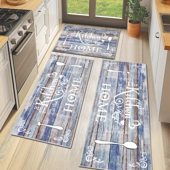 MeyJey Farmhouse Kitchen Rug Set, 3 Piece Non-Slip Kitchen Mat Machine Washable Runner Rug for Home Floor and Living Room, Washed Blue/Brown