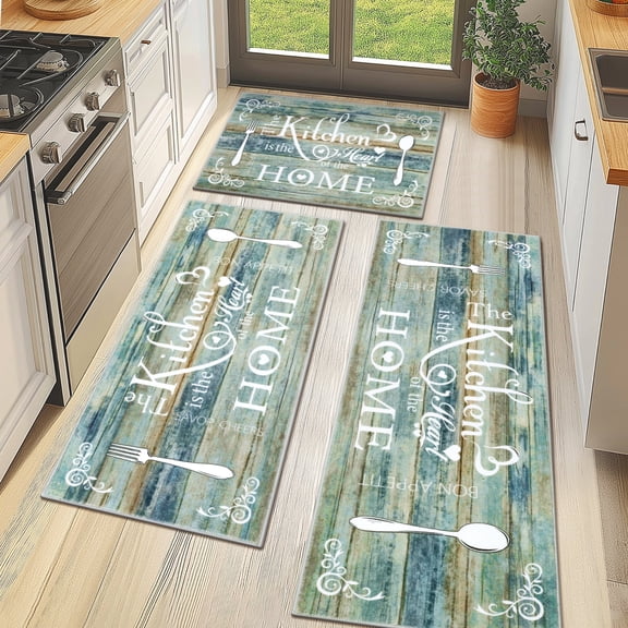 MeyJey Farmhouse Kitchen Rug Set, 3 Piece Non-Slip Kitchen Mat Machine Washable Runner Rug for Home Floor and Living Room, Washed Teal/Brown