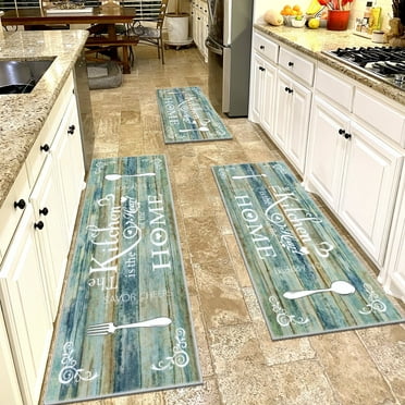 MeyJey Farmhouse Kitchen Rug Set, 3 Piece Non-Slip Kitchen Mat Machine Washable Runner Rug for Home Floor and Living Room, Washed Teal/Brown