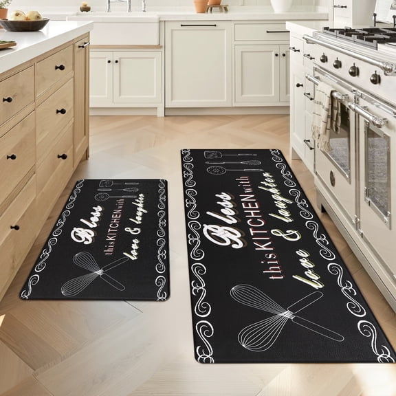 MeyJey Farmhouse Kitchen Rug Set of 2, Non-Slip Anti-Fatigue Waterproof Cushioned Mat for Kitchen, Dining & Laundry Room, 18"x30" 18"x48" Black