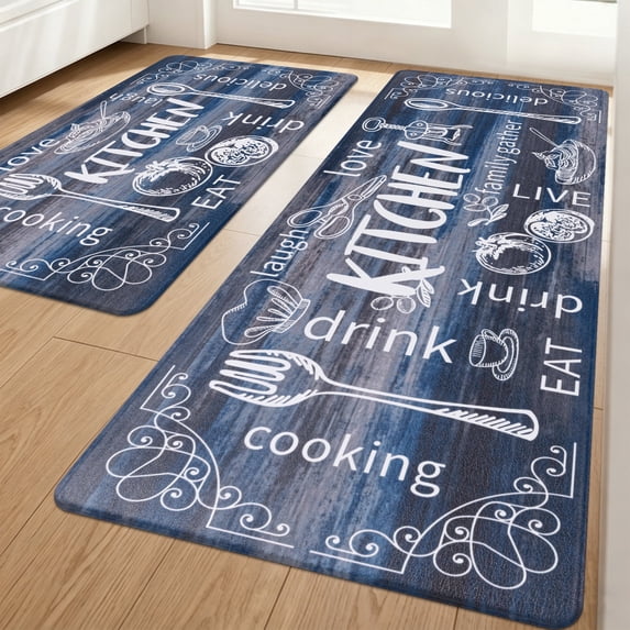 MeyJey Farmhouse Kitchen Rug Set of 2, Non Slip Anti Fatigue Waterproof Cushioned Mat for Kitchen, Dining, Laundry Room, 18"x30"+18"x48" Blue