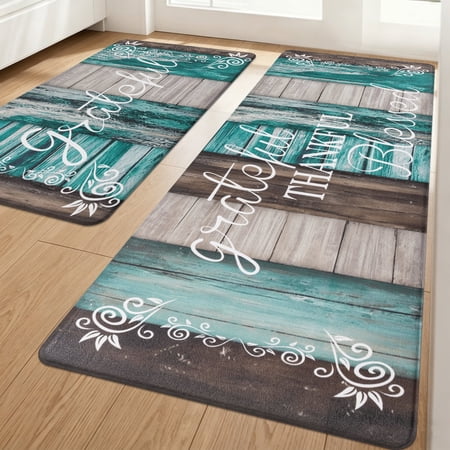 MeyJey Farmhouse Kitchen Rug Set of 2, Non Slip Anti Fatigue Waterproof Cushioned Mat for Kitchen, Dining, Laundry Room, 18"x30"+18"x48" Brown/Teal