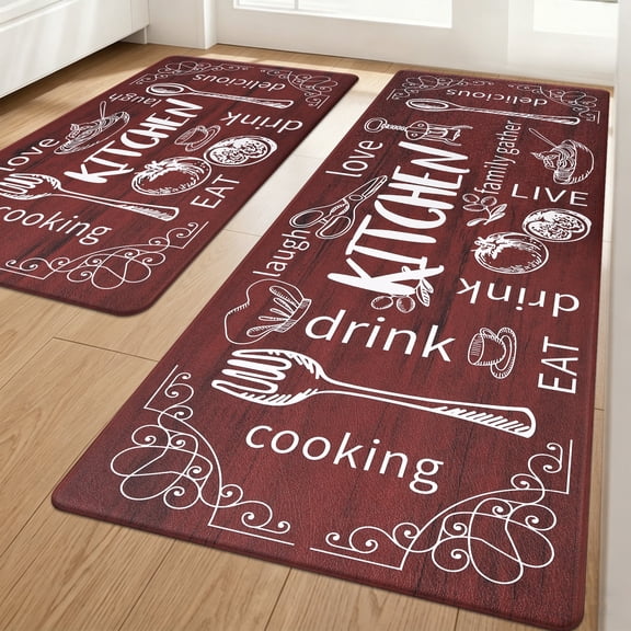 MeyJey Farmhouse Kitchen Rug Set of 2, Non Slip Anti Fatigue Waterproof Cushioned Mat for Kitchen, Dining, Laundry Room, 18"x30"+18"x48" Red