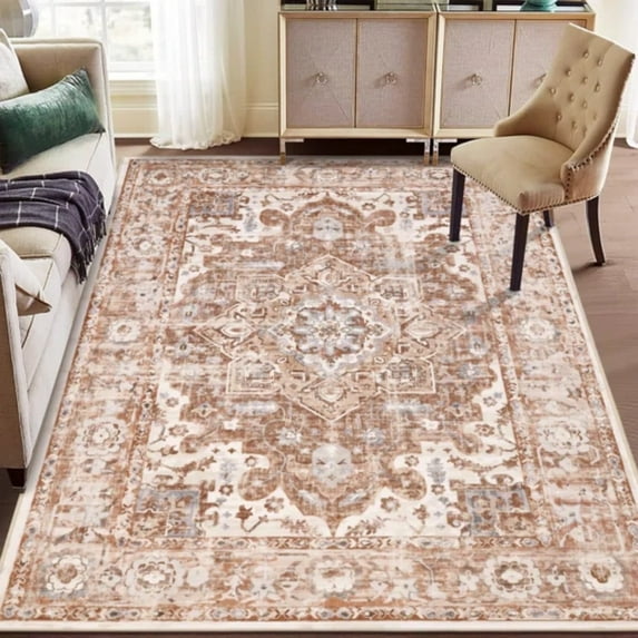 MeyJey Washable Area Rugs 8'x10' Brick Red, Non Slip Vintage Traditional Soft Large Rugs for Living Room Bedroom Office Retro Home Decor Carpet