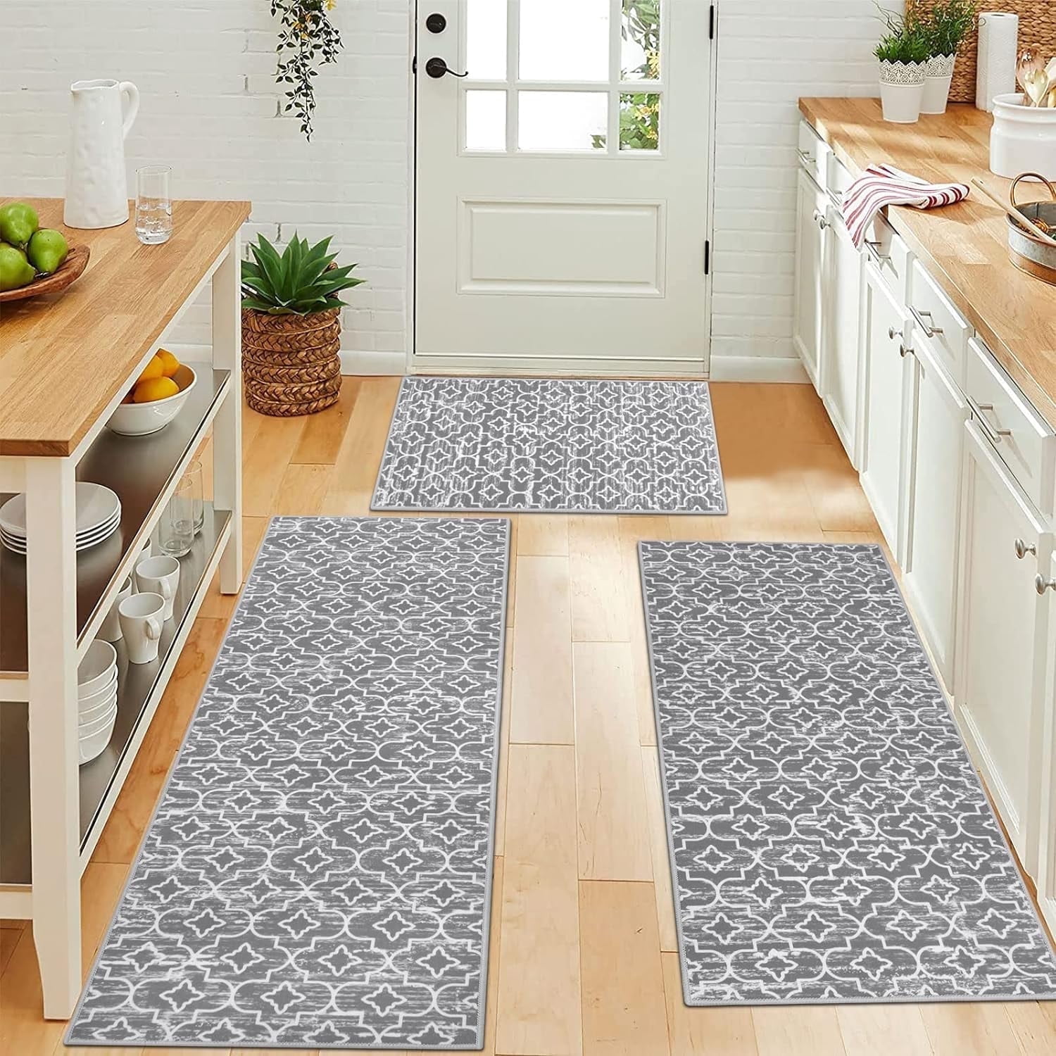 MeyJey Gray Kitchen Rug Set 3 Piece, Non Slip Machine Washable Mats for Home Floor and Living Room