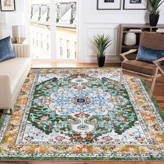 MeyJey Washable Area Rugs 5'x7' Green/Orange, Non Slip Vintage Traditional Soft Large Rugs for Living Room Bedroom Office Retro Home Decor Carpet