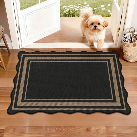 MeyJey Door Mats for Front Door, 24“x36“ Non Slip Solid Tan Jute Scalloped Washable Black Area Rug,Indoor Carpet for Entryway Laundry Room Floor Mats