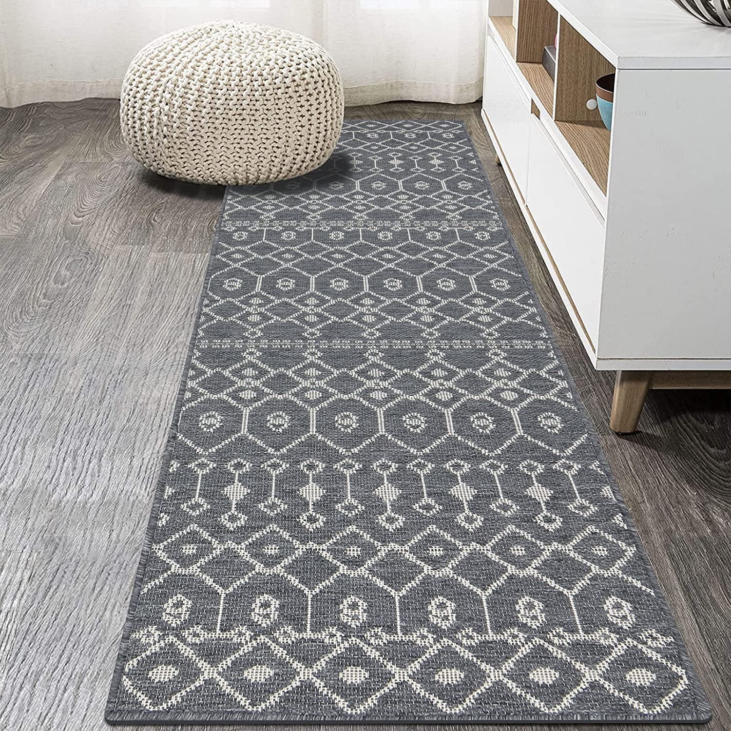 MeyJey Indoor Outdoor Runner Rug, 2'x6' Boho Textured Weave Area Rug, Gray