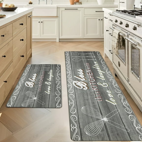 MeyJey Farmhouse Kitchen Rug Set of 2, Non-Slip Anti-Fatigue Waterproof Cushioned Mat for Kitchen, Dining & Laundry Room, 20"x31.5"+20"x59" Gray