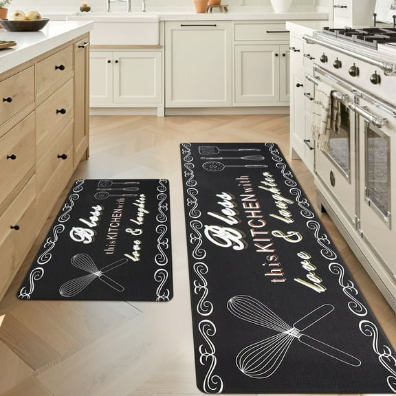 MeyJey Farmhouse Kitchen Rug Set of 2, Non-Slip Anti-Fatigue Waterproof Cushioned Mat for Kitchen, Dining & Laundry Room, 20"x31.5"+20"x59" Black