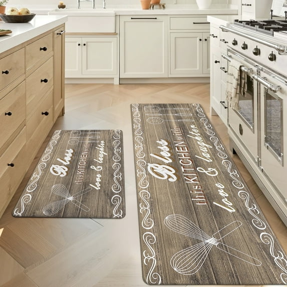 MeyJey Farmhouse Kitchen Rug Set of 2, Non-Slip Anti-Fatigue Waterproof Cushioned Mat for Kitchen, Dining & Laundry Room, 20"x31.5"+20"x59" Brown