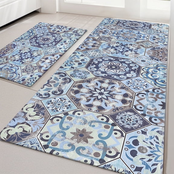 MeyJey Boho Kitchen Rug Set of 2, Non-Slip Anti-Fatigue Waterproof Cushioned Mat for Kitchen, Dining & Laundry Room, 20"x31.5"+20"x59" Navy/Brown