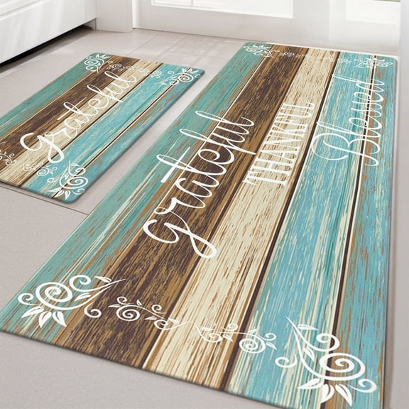MeyJey Farmhouse Kitchen Rug Set of 2, Non-Slip Anti-Fatigue Waterproof Cushioned Mat for Kitchen, Dining & Laundry Room, 20"x31.5"+20"x59" Teal/Brown