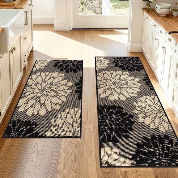 MeyJey Kitchen Rug 2 PCS Set, 24”x36+24”x59” Non Slip Machine Washable Rug Floral Decor Kitchen Floor Mats for in Front of Sink, Black