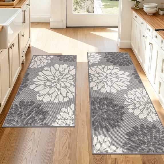 MeyJey Kitchen Rug 2 PCS Set, 24”x36+24”x59” Non Slip Machine Washable Rug Floral Decor Kitchen Floor Mats for in Front of Sink, Gray