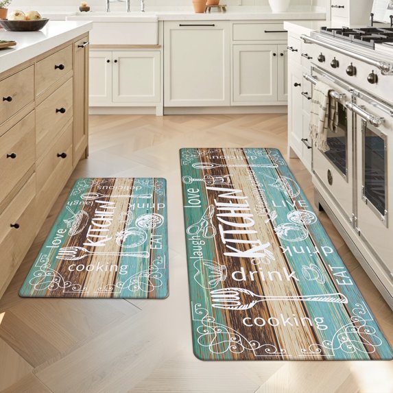 MeyJey Farmhouse Kitchen Rug Set of 2, Non-Slip Anti-Fatigue Waterproof Cushioned Mat for Kitchen, Dining & Laundry Room, 18"x30"+18"x48" Teal/Brown