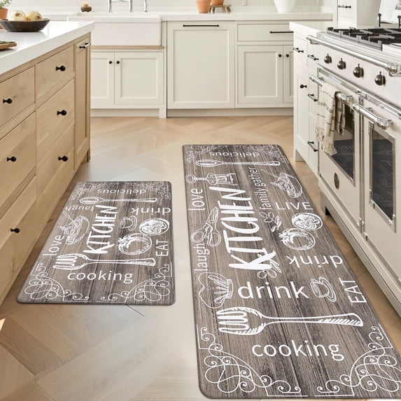 MeyJey Farmhouse Kitchen Rug Set of 2, Non-Slip Anti-Fatigue Waterproof Cushioned Mat for Kitchen, Dining & Laundry Room, 20"x31.5"+20"x59" Brown