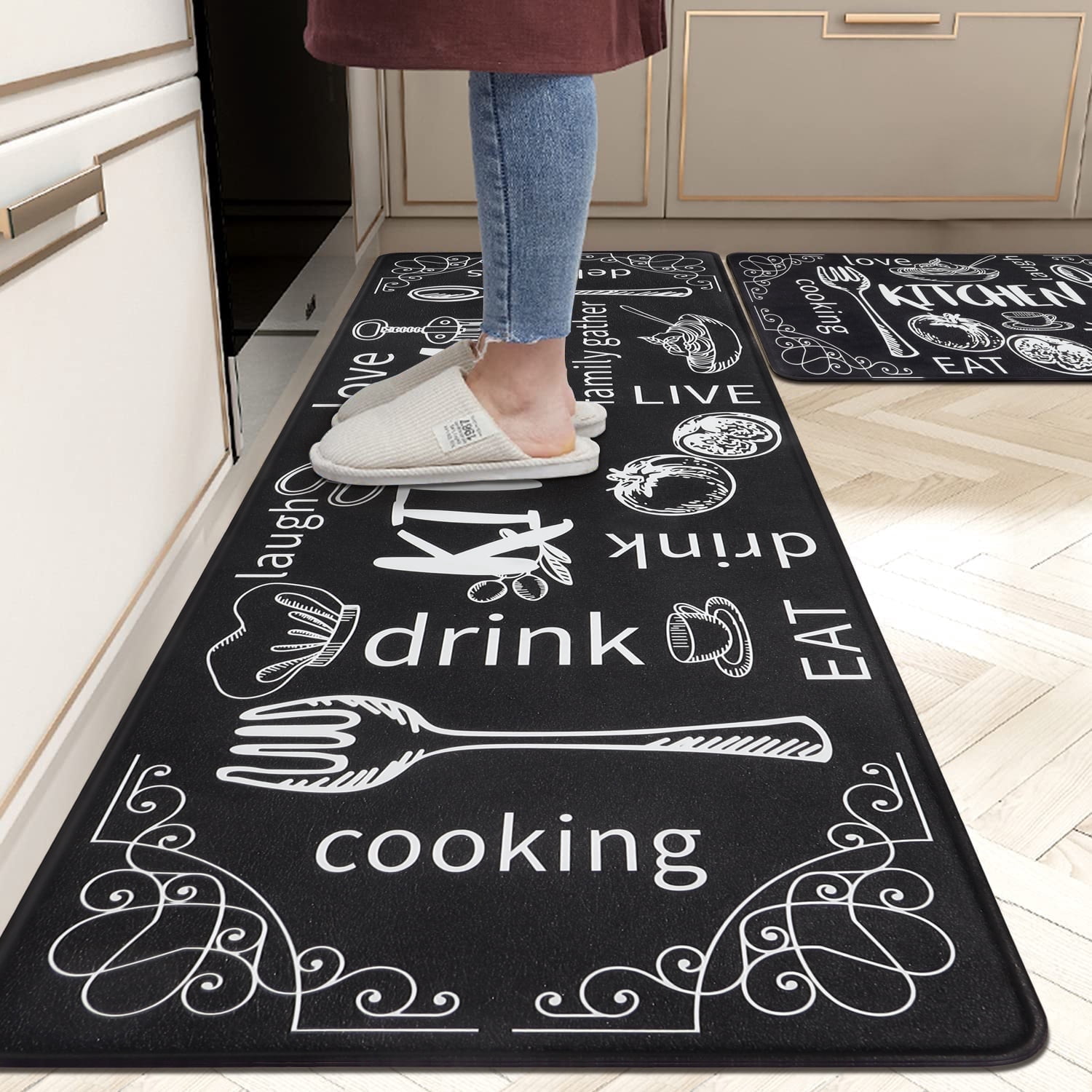 MeyJey Kitchen Rug Anti-Fatigue Mat Set for Kitchen, 2 Piece Non-Slip Waterproof Comfort Cushioned Floor Mats 17"x28"+17"x48" Black