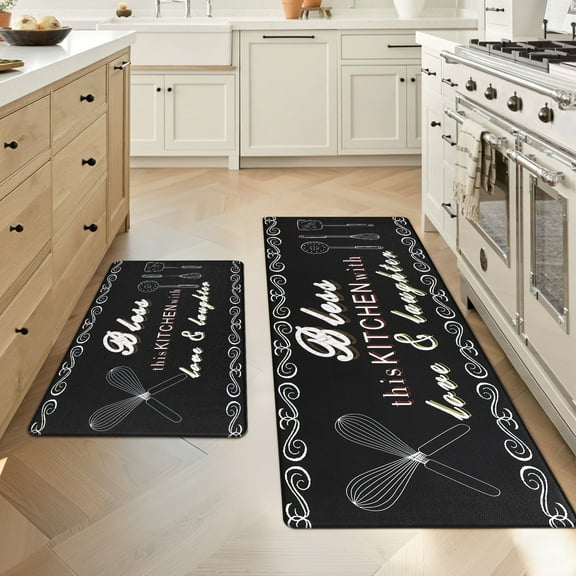 MeyJey Farmhouse Kitchen Rug Set of 2, Non-Slip Anti-Fatigue Waterproof Cushioned Mat for Kitchen, Dining & Laundry Room, 18"x30"+18"x48" Black